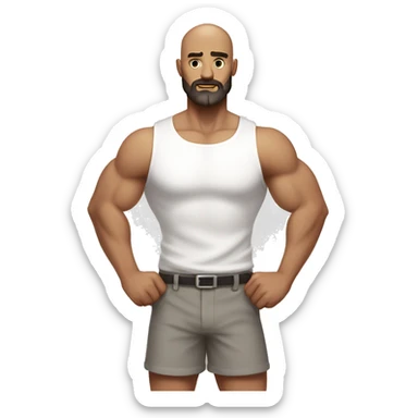 Man flexing muscles in a white shirt and grey shorts, bald, brown beard sticker