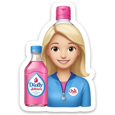bottle of oil blue top pink outside with logo that says Diddy Party oil Johnson and Johnson  brand with a smiling girl berry on top sticker
