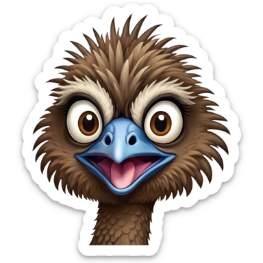 Cinematic Comical Emu Portrait Emoji, Head tilted dramatically with an exaggeratedly amused expression, featuring a striking, textured brown plumage with a comically small head and wide, expressive eyes full of playful disbelief, Simplified yet hilariously expressive features, highly detailed, glowing with a slightly sassy glow, high shine, dramatic yet playful, stylized with an air of cheeky outback mischief, bright and endearing, soft glowing outline, capturing the essence of a spirited and over‐the‐top emu, so meme‐worthy it feels like it could squawk its way into internet fame instantly! sticker