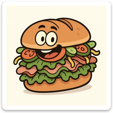 cartoon hoagie sandwich with bright colors, thick bread, overflowing with ingredients, fun and whimsical, isolated on white background sticker