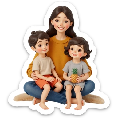 closeup front angle shot of a family of three with parent and two kids, lifelike skin hair and clothing details, skeuomorphism style sticker