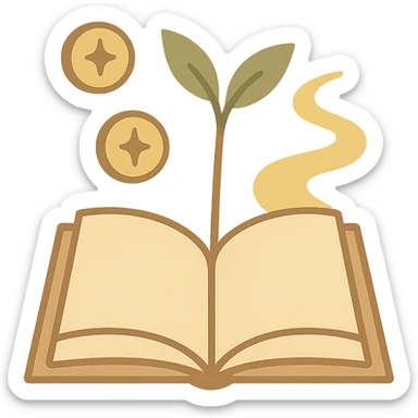 literary, healing, minimalist avatar in a soft warm color palette of beige, light brown, green, pale yellow, abstract symbols of growth and wealth such as sprouting plant, winding path, gentle coins, no text, square composition sticker