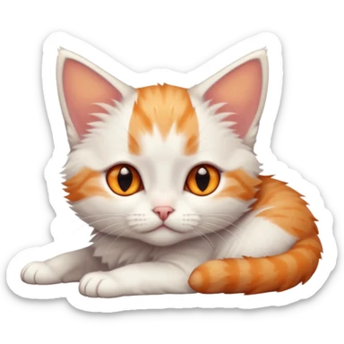 full body of very small + skinny ginger and white kitten with deep orange eyes and triangular shaped face lying down sticker