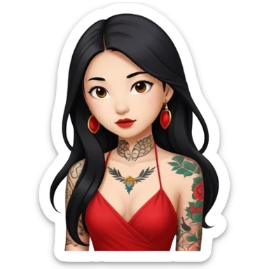Beautiful Asian girl with long black hair and body tattoos wearing a red dress sticker