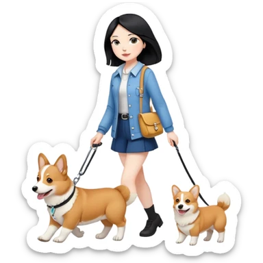 A girl with long black hair walking a corgi sticker