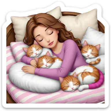 girl with long wavy brown hair, brown eyes, long lashes makeup, sexy pink lips, light to medium complexion,  sleeping on a cozy pillow, with 6 cats: 1 brown and white tabby cat, 1 ginger and white, 2 grey and white, 1 grey with white mittens and small white patch on chest and 1 calico, sleeping sticker