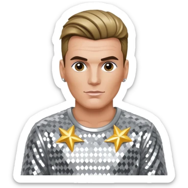 Vanilla Ice with dark blonde hair, silver sequin outfit sticker
