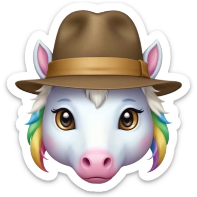unicorn face cute wearing fedora, horn piercing through the hat looking in the camer sticker