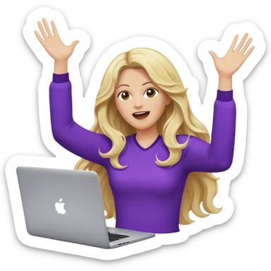 lady with long blonde wavy hair, purple top throwing her with a laptop hands in the air screaming sticker