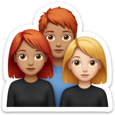 Can you create an image of 3 friends together one with red bright hair light skin one the other with brown hair with some blonde highlights in the hair fair skin the last one with light brown a tint of orange hair and black hair sticker