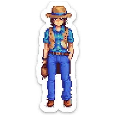Lemeza Kosugi from La-Mulana, pixel art style, standing with whip at his side, tan fedora, blue pants, pixelated shading, 8-bit game character sticker