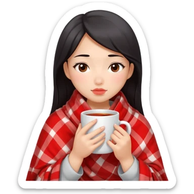 cute and sexy asian girl, feeling sick up, nose and cheecks red by blush, covered by blanket, holding tea mug in hands sticker
