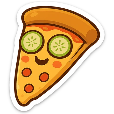 Remove any hands from the image and ensure only the pizza slice is visible with no background. Keep the pizza slice looking happy and relaxed with cucumber slices on its eyes, conveying a spa vibe. Maintain a clean and clear presentation focusing on the pizza slice only. sticker