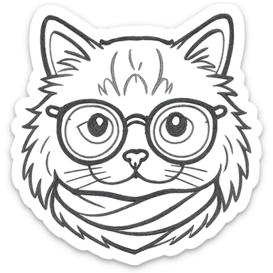 Convert the Apple emoji-style cat head to a black hand-drawn outline style with smooth, rounded lines and no color fill. Keep the same proportions and accessories including tinted glasses and scarf. Only the cat's head is shown, no body parts. sticker