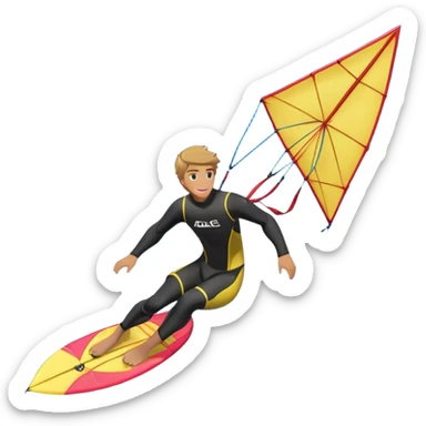 A kite surfer soaring above the waves, holding onto a kite with the wind in full force. The background showcases the ocean and sky, emphasizing the freedom, thrill, and energy of the sport. The motion of the kite and board is dynamic, capturing the excitement of kiting. sticker