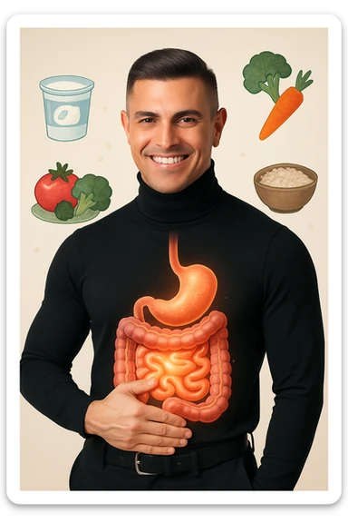 a fit, smiling man stands confidently with one hand on his abdomen. A transparent overlay reveals a healthy, detailed digestive tract with a glowing, vibrant intestine. Around him, icons of healthy foods like yogurt, vegetables, and whole grains float, symbolizing good gut health. The background is clean and bright, with an educational mood. sticker