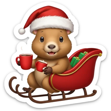 capybara wearing a santa hat, holding a cup of hot cocoa in a sleigh sticker
