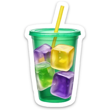 Realistic see through plastic cup and lid with half full Transluscent yellow, green ,purple soda,straw and large ice cubes inside. sticker