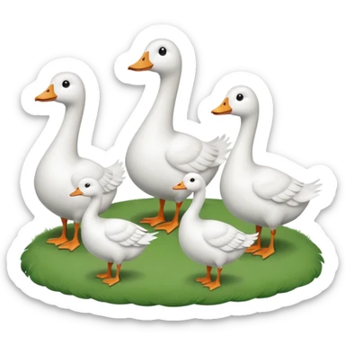 9 white geese standing on a green hill, front view, foggy, all looking in different directions, one is on the top  sticker