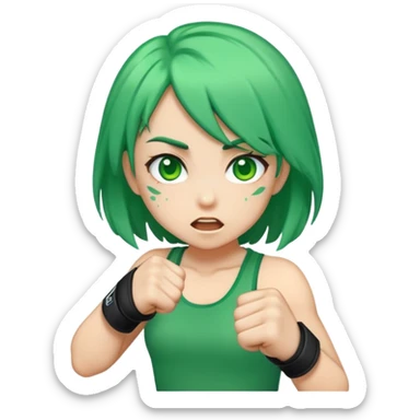 A girl with green hair punching sticker