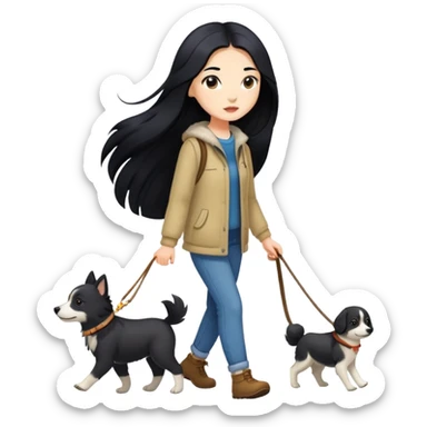 A girl with long black hair walking a small Alaskan dog sticker
