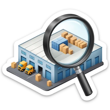 A warehouse under a magnifying glass sticker
