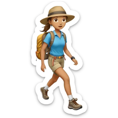 Create an emoji of a woman, hiking in shorts, trekking sneakers with a backpack and a wide broom hat and a brown ponytail sticker