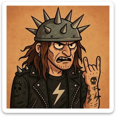 metal head, heavy metal music fan with spiked helmet, cartoon style sticker
