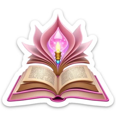 An open pink book with magical lights emerging from its pages sticker