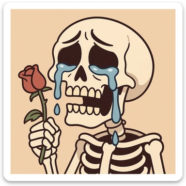 a skull with exaggerated tears and a drooping rose, cartoon style, flat toon style sticker