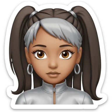 Left Eye from TLC with long dark brown ponytail hair, silver outfit sticker