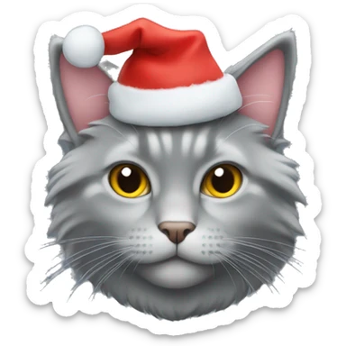 Fluffy grey cat wearing Christmas hat sticker