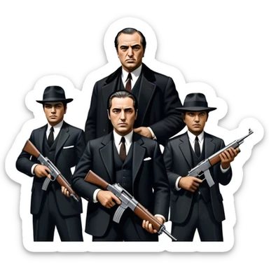 Vintage noir poster with Don Corleone surrounded by gangsters holding Thompson submachine guns. Background features New York skyscrapers, adding to the gritty, classic gangster film feel.  Dark and moody atmosphere with shadows, suits, and a mysterious vibe. Transparent background. sticker
