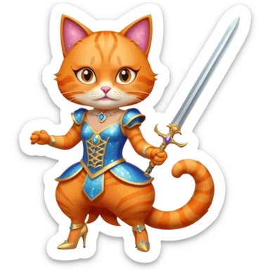 sassy orange cat in drag high heels glitter expressive face brandishing a sword sticker
