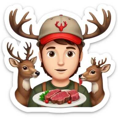 Guy with deer antlers eats meat, brown hair, with cap sticker