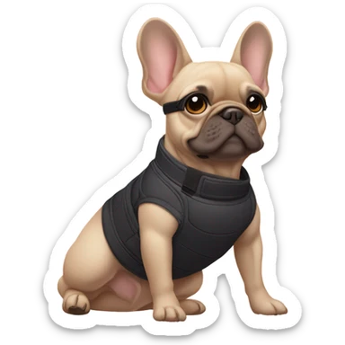 Frenchie laying wearing a lululemon belt bag sticker