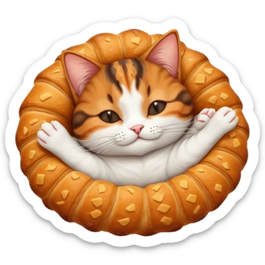 dark brown tabby and white cat in croissant position upside down with eyes closed sticker