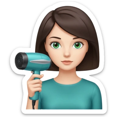brunette bob girl hair stylist with blue green eyes holding a hair dryer sticker