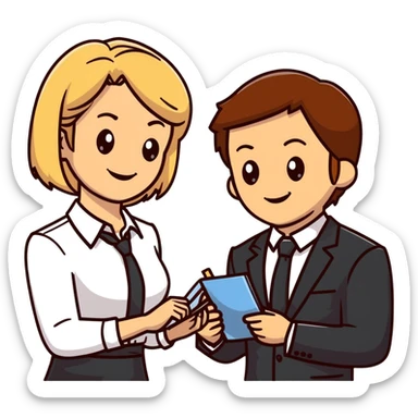 blonde woman in business suit talking to smiling brown-haired man in white shirt sticker