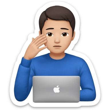 a asian handsome guy wearing a blue knit with white shirt, facepalming with only one hand, with a macbook, only upper body, high quality sticker