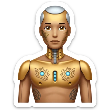 gold Tatooed robot, big many tatooes on chest, neck and face, white tatoo on face sticker