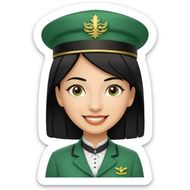 Lady hotel butler with green uniform black hair and just a lite bit brown skin and Arabic face with our hat please sticker