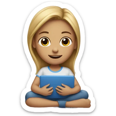 A girl is sitting on her bed with a blue ipad sticker