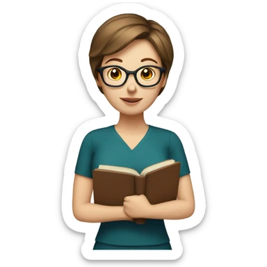 white female teacher with short brown hair and books sticker