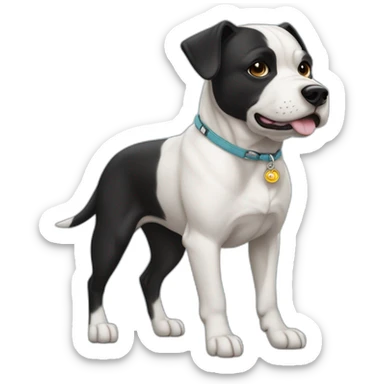 Un staffi femelle noir avec un trait blanc tres petit sur la tête avec des tache de brunger sur c'est patte arrière avec un collier ver se nomment ugette sticker