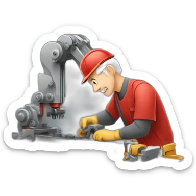 Industrial professional senior mechanical assembler working on the assembly of heavy machinery with a red outfit sticker