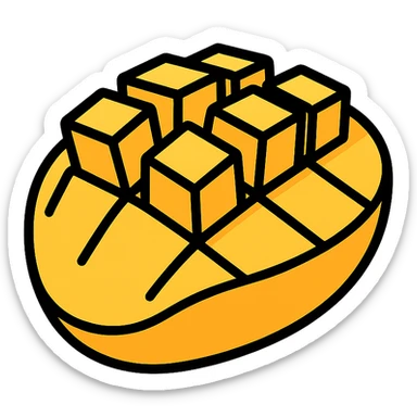 minimal flat vector icon, sliced mango with cube-cut surface, square mango chunks raised, bright yellow-orange, no face, no background sticker