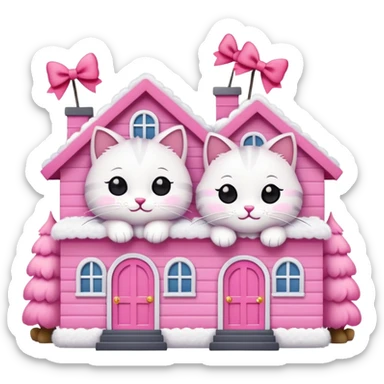 two happy cats in love, with a pink house behind them that has a bow on the roof, emoji style sticker