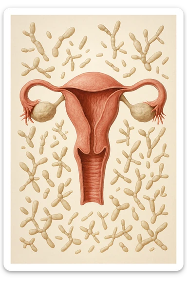 utero umano realistico con batteri della candida intorno, la foto si deve vedere per intero in formato verticale, sullo sfondo neutro chiaro ci sono batteri della candida, iperrealistico 4k sticker