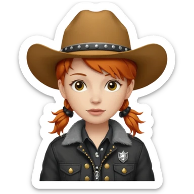 Ginger long hair cowgirl with soft punk hat and jacket sticker